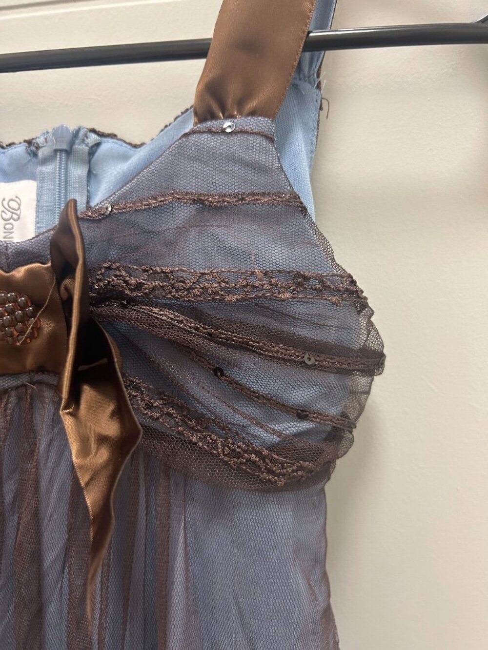 Bonnie Jean Girls Size 10 Blue Brown Mesh Dress Bow Empire Waist Formal Y2K - Picture 5 of 10
